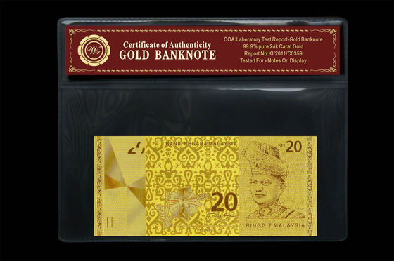 Ringgit van Maleisië 20 in 24 Pure Gold Banknote Plastic de Houderspak dat van Karat in reliëf wordt gemaakt
