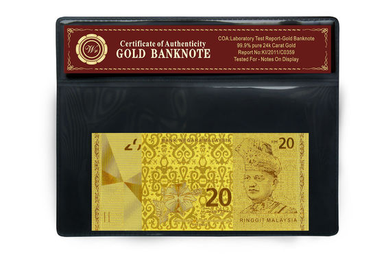 Ringgit van Maleisië 20 in 24 Pure Gold Banknote Plastic de Houderspak dat van Karat in reliëf wordt gemaakt